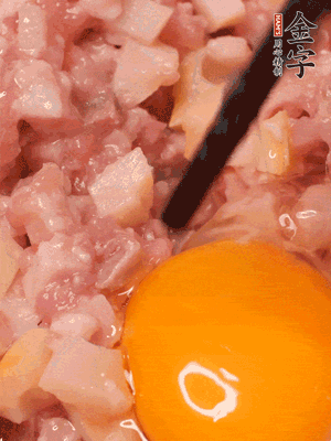 豬肉末、咸肉丁，分次加蔥姜水，一勺糖、一丟白胡椒，春筍丁，打入一個雞蛋